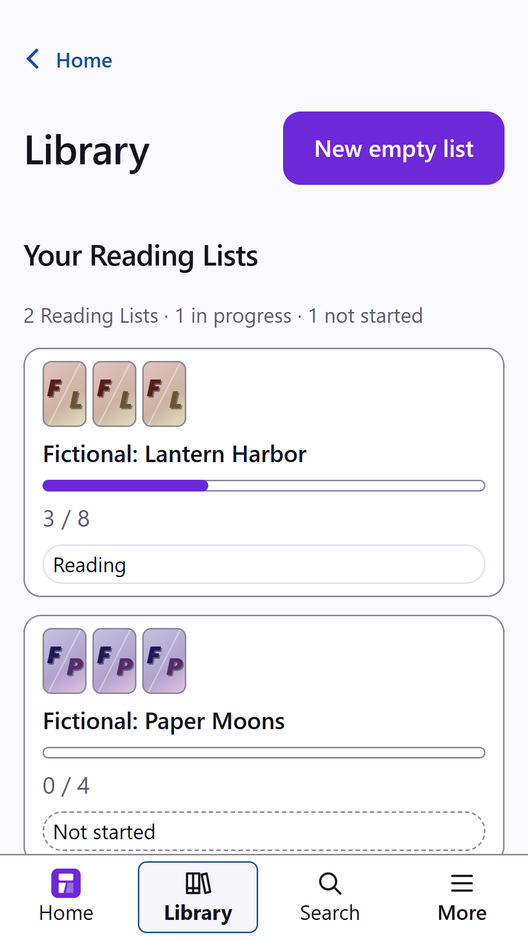 Android Library with two fictional reading lists, Lantern Harbor at 3 of 8 and Paper Moons not started, above the bottom navigation
