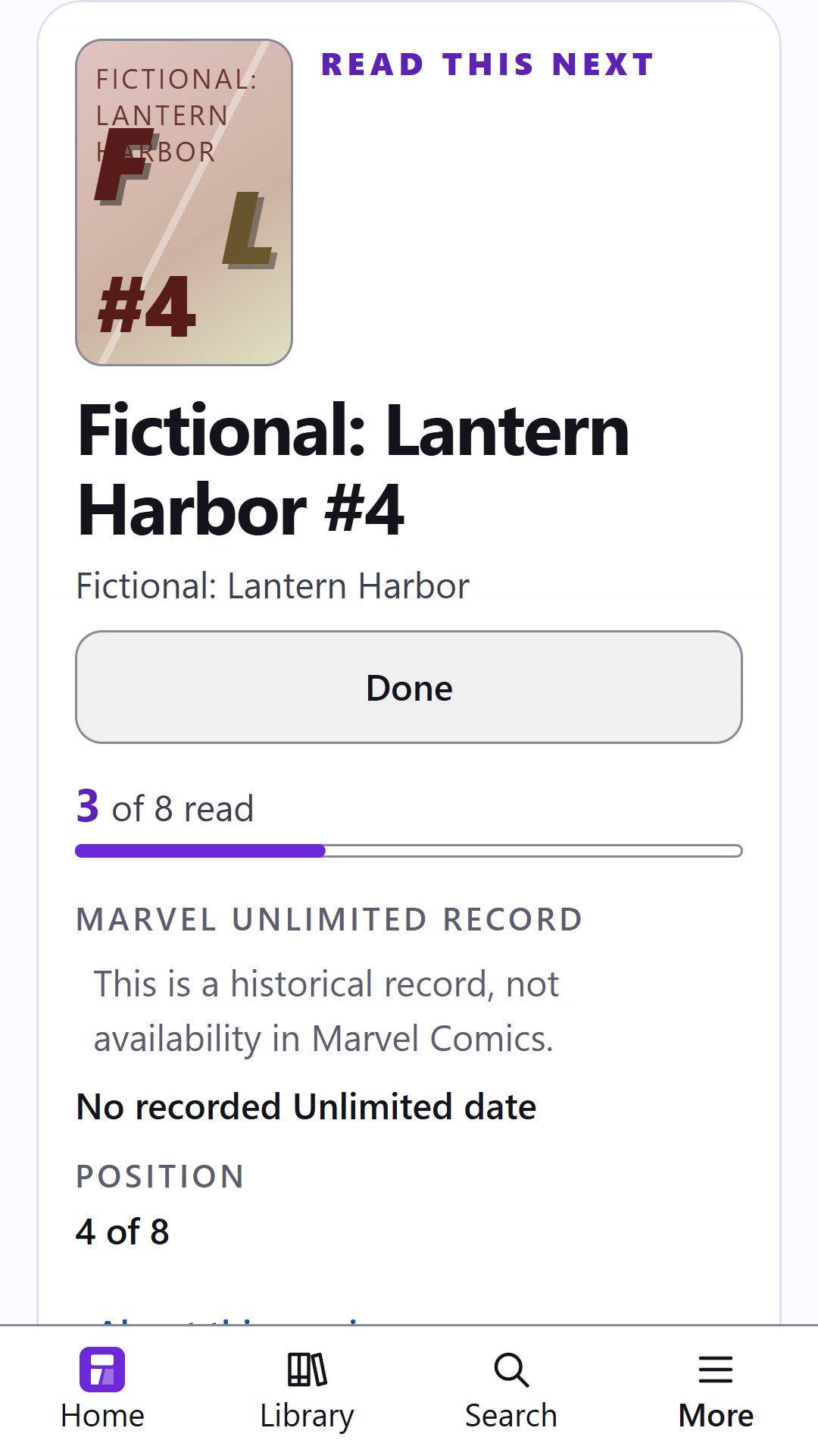 Android reading view with a fictional next issue, a Done button, 3 of 8 read, no recorded Unlimited date, and position 4 of 8, above the bottom navigation