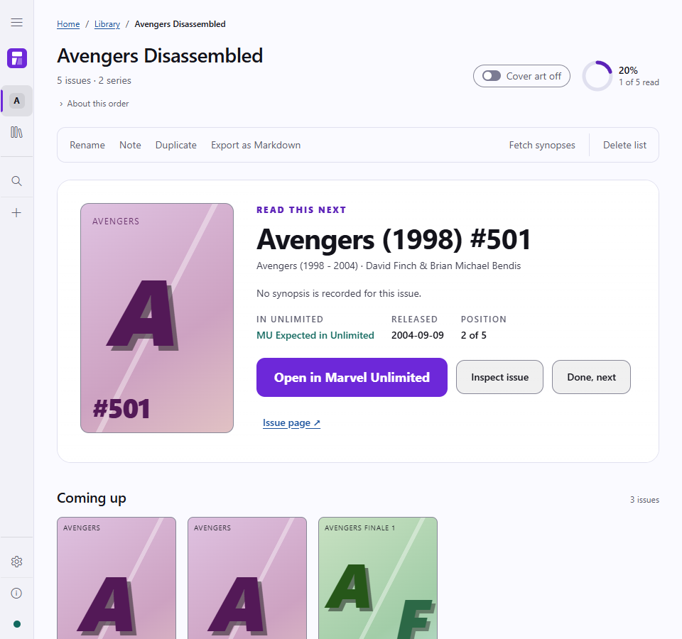 Avengers Disassembled showing the next issue, reading progress, and upcoming comics